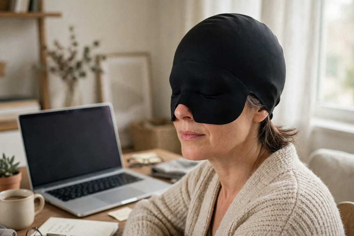 Woman resting at her desk wearing the ReliefCap Pro